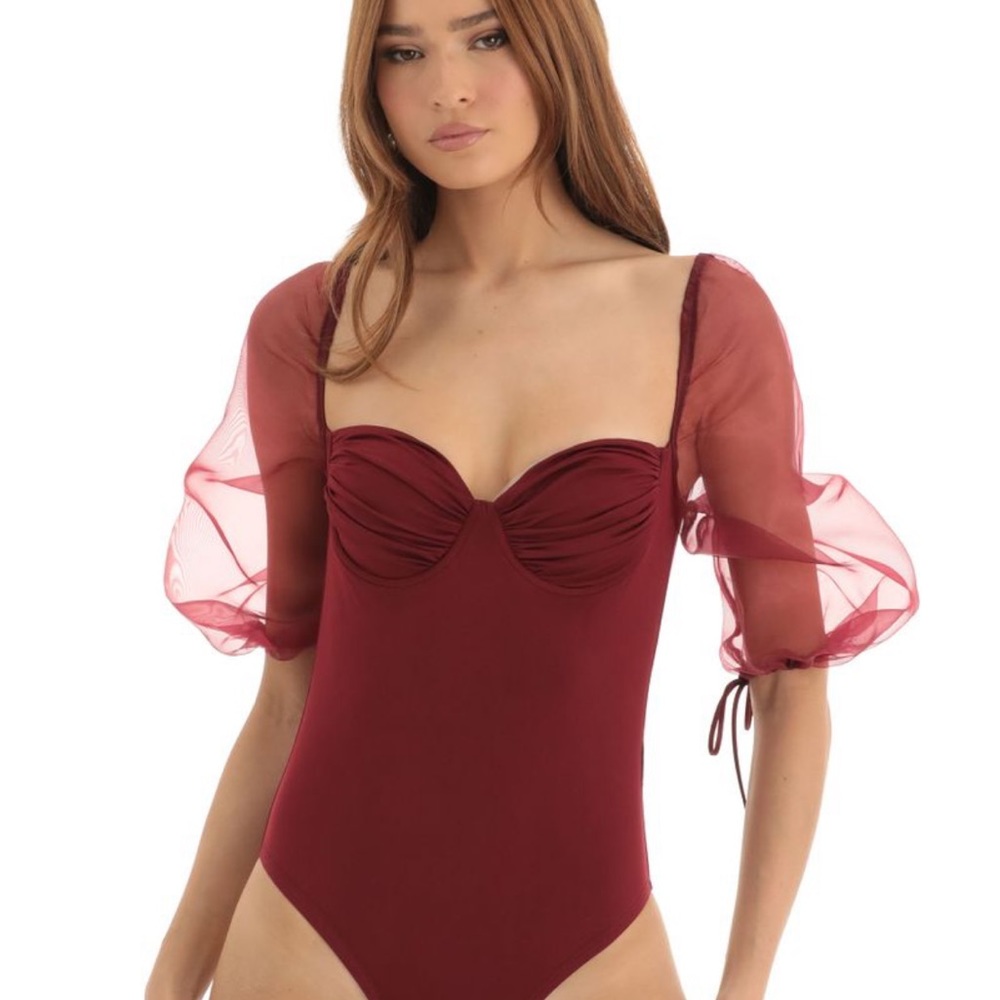New red puff sleeve bodysuit Lucy in the sky
